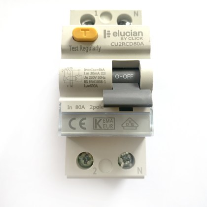 Elucian Click CU2RCD80A 80A 80 Amp 30mA RCD 2 Double Pole Circuit Breaker Type A